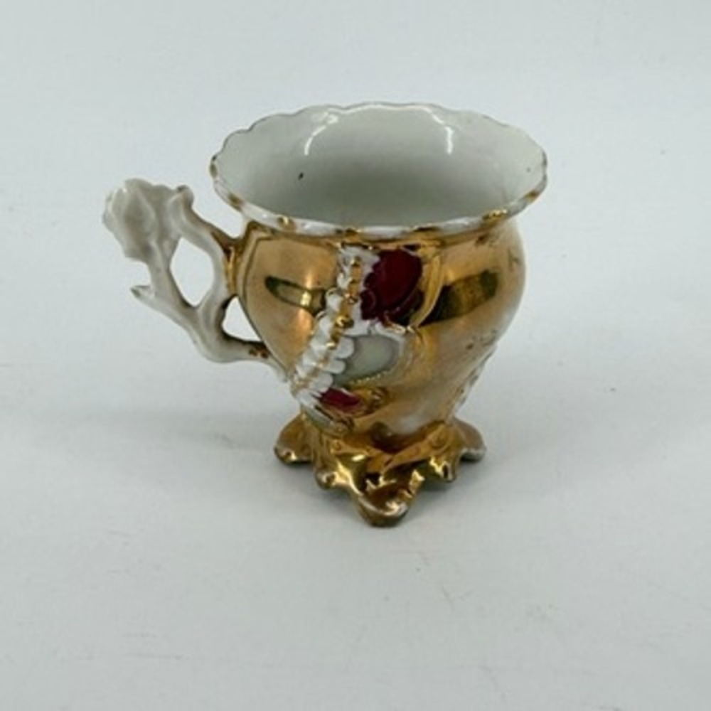 Vintage Gold Luster Porcelain Miniature Teacup Floral Moriage Footed 3 Inch